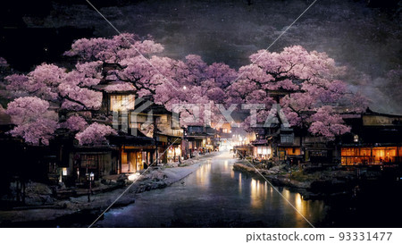 讓人聯想到舊京都夜景的夜景 櫻花在夜晚盛開 幻想世界“AI生成的圖像” 93331477