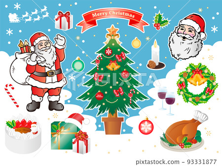 December Christmas decoration Christmas tree Santa Claus roast chicken cake illustration set 93331877