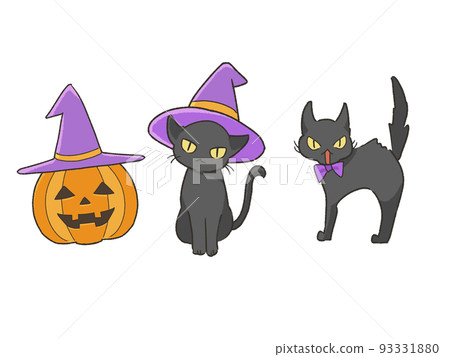 Halloween hat-wearing jack-o'-lantern and black cat Halloween hat-wearing jack-o'-lantern and black cat 93331880