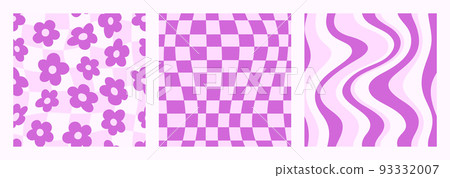 Groovy Seamless Patterns Set with Waves, Daisy Flowers and Checkerboard. Psychedelic Abstract Vector Background in 1970s Groovy Seamless Patterns Set with Waves, Daisy Flowers and Checkerboard. Psychedelic Abstract Vector Background in 1970s 93332007