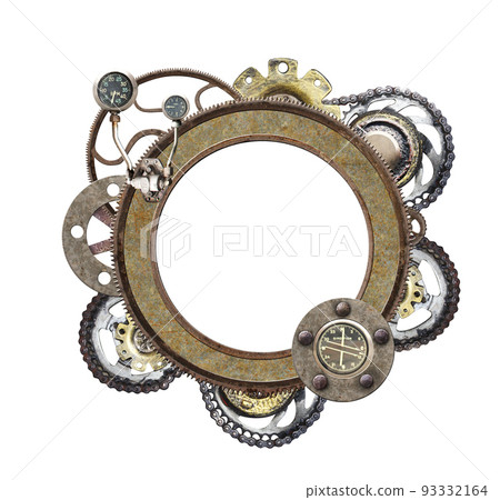 Metallic round frame with vintage machine gears and retro cogwheel 93332164