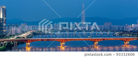 Night view of Lotte World Tower skyscraper and Han River in Seoul South Korea 93332606