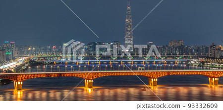 Night view of Lotte World Tower skyscraper and Han River in Seoul South Korea 93332609