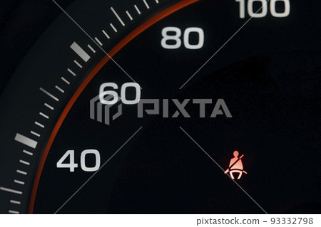 Car speedometer with the dashboard fasten seat belt sign. 93332798
