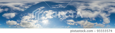 Blue sky panorama with puffy Cumulus clouds. Seamless hdr pano in spherical equirectangular format. Sky dome or zenith for 3D visualization, game and sky replacement for aerial drone 360 panoramas. 93333574
