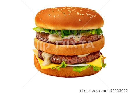Fresh burger with beef patty isolated on white background Fresh burger with beef patty isolated on white background 93333602