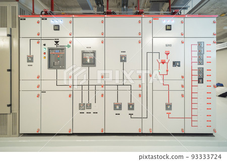 Close up of Industrial electric switch panel power plant in industry factory. Switchgear operation control station monitor manufacturing factory system. generator 93333724