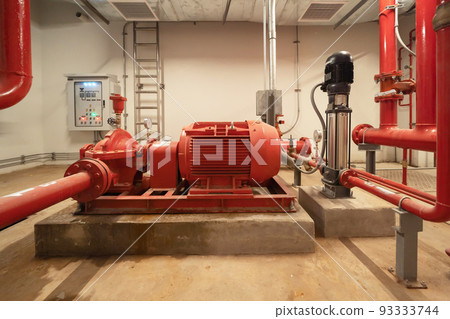 Industry factory. Chiller tower on rooftop building. Fire protection system work machine. Condenser Water Supply pipe lines. Workshop site. 93333744