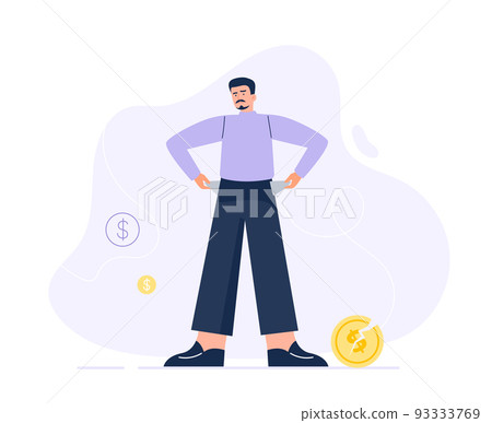 No money. Bankruptcy, poverty, economic crisis, and financial troubles. A man is turning out his empty pockets. Vector flat illustration isolated on the white background. 93333769