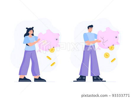 Lack of money concepts. Losing savings, poverty, debt, and crisis. Unhappy man and woman with a piggy bank in their hands. Vector flat illustrations isolated on the white background. 93333771