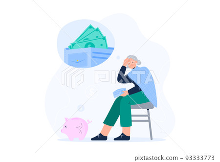 Money shortage concept. Bankruptcy, poverty in old age, debt, and economic crisis. An old woman thinks about money and pension fund. Vector flat illustration isolated on the white background. Money shortage concept. Bankruptcy, poverty in old age, debt, and economic crisis. An old woman thinks about money and pension fund. Vector flat illustration isolated on the white background. 93333773