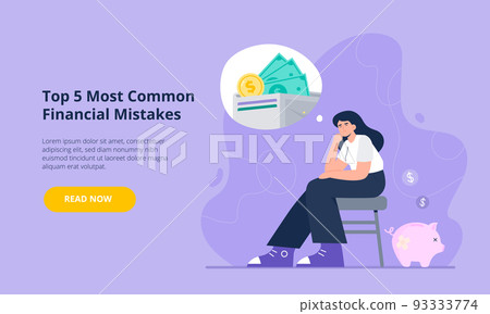 Money shortage concept. Bankruptcy, poverty, debt, and economic crisis. A depressed woman thinks about money and unpaid loans. Vector flat illustration for banner and landing page. Money shortage concept. Bankruptcy, poverty, debt, and economic crisis. A depressed woman thinks about money and unpaid loans. Vector flat illustration for banner and landing page. 93333774