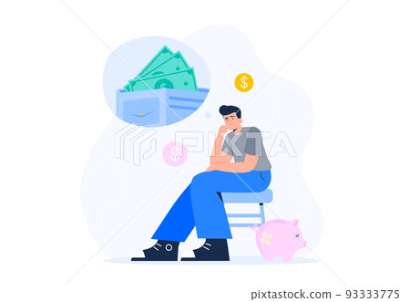 Money shortage concept. Bankruptcy, poverty, debt, and economic crisis. A man thinks about money and unpaid loans. Vector flat illustration isolated on the white background. 93333775