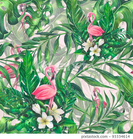 Watercolor illustration of a pink flamingo with tropical leaves. Seamless pattern. With leaves of palm trees and other exotic plants. For prints, clothing, paper, fabric, wallpaper. 93334614