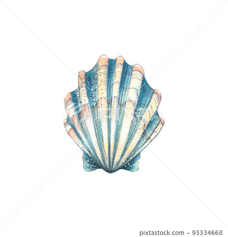 Watercolor illustration of a blue shell isolated object on a white background. Colorful, beautiful. Underwater world. For the design of postcards, posters, stickers, designs, patterns. 93334668