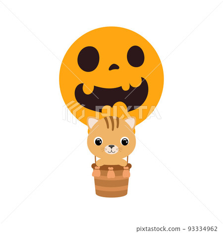 Cute little cat flying on Halloween hot air balloon. Cartoon animal character for kids t-shirts, nursery decoration, baby shower, greeting card, invitation. Vector stock illustration 93334962