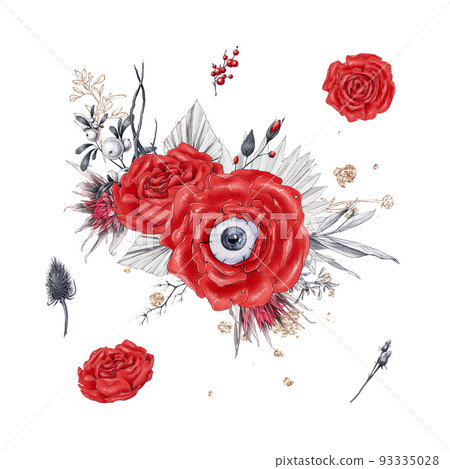 Halloween illustration of evil bouquets of roses and sunflowers with teeth and skulls Halloween illustration of evil bouquets of roses and sunflowers with teeth and skulls 93335028