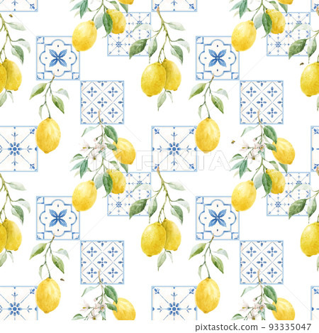 Beautiful vector seamless pattern in Sicilian style with hand drawn watercolor lemons and blue tiles. Stock illustration. 93335047