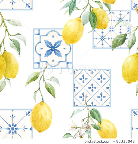 Beautiful vector seamless pattern in Sicilian style with hand drawn watercolor lemons and blue tiles. Stock illustration. 93335048