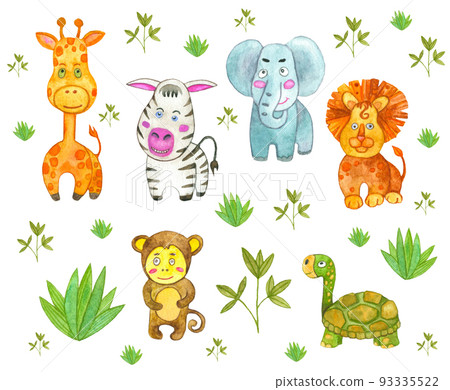 watercolor illustration african animals elephant, giraffe, monkey, turtle, zebra, lion children's  93335522