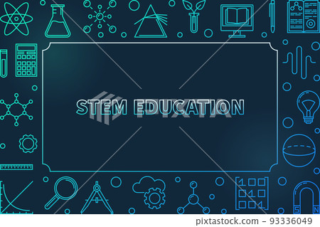 STEM blue horizontal frame. Vector science outline illustration STEM blue horizontal frame. Vector science outline illustration 93336049