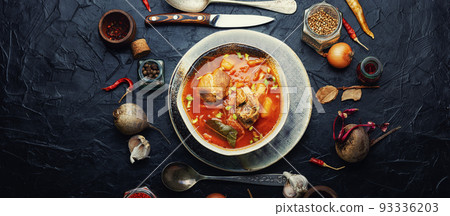Red Ukrainian borscht, top view 93336203