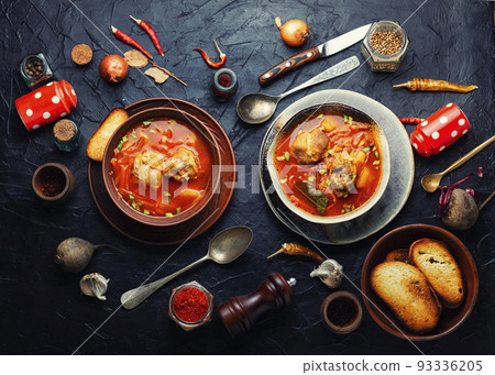 Red Ukrainian borscht, top view 93336205