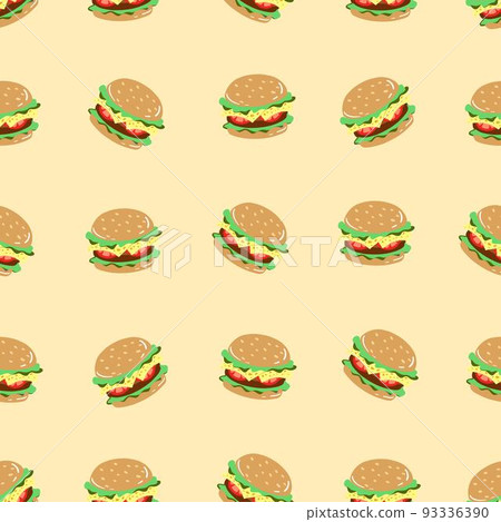 Seamless pattern with burger. Hand drawn of fast food illustration. Background for restaurant, menu, street food, cafe 93336390
