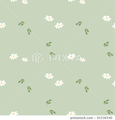 Seamless pattern, small white daisies and leaves on a green background. Print, background, vector 93336540