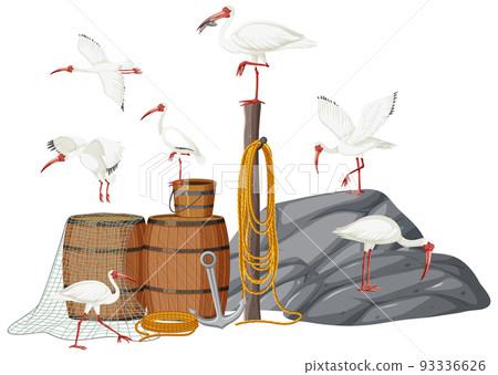 American white ibis group with fishing objects American white ibis group with fishing objects 93336626