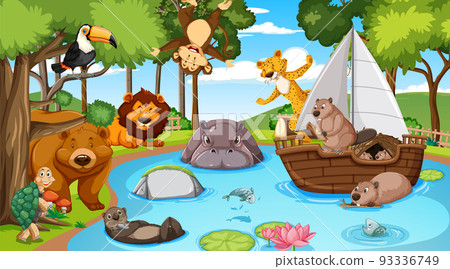 Wild animals cartoon characters in the forest scene 93336749