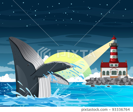 Lighthouse on coast and whale in the sea Lighthouse on coast and whale in the sea 93336764