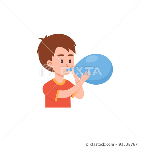 Little boy blowing blue balloon flat style, vector illustration 93338767