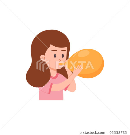 Little brown haired girl blowing yellow balloon for party flat style 93338783
