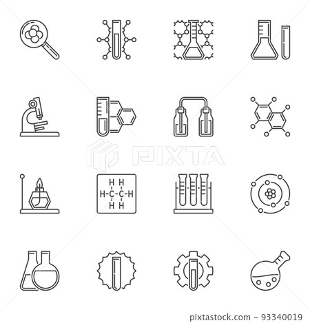 Chemical laboratory equipment minimal icons in thin line style 93340019