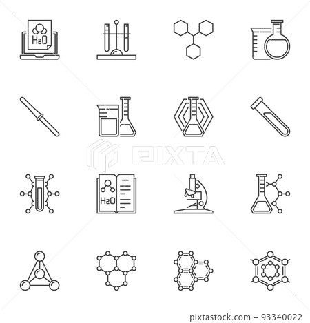 Chemical vector concept icons or signs in thin line style Chemical vector concept icons or signs in thin line style 93340022