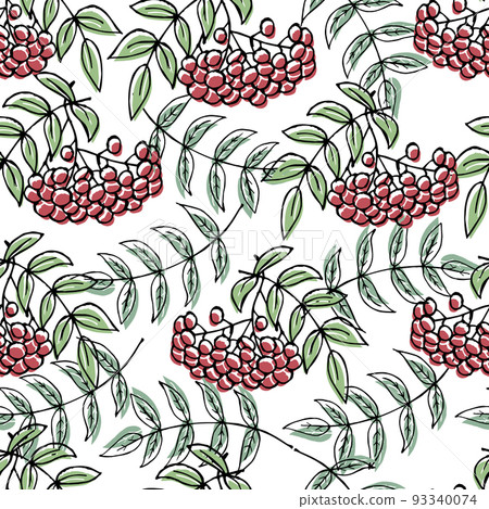 Seamless pattern, hand-drawn autumn leaves and bunches of rowan on a gentle background. Print, textile, background, vector Seamless pattern, hand-drawn autumn leaves and bunches of rowan on a gentle background. Print, textile, background, vector 93340074