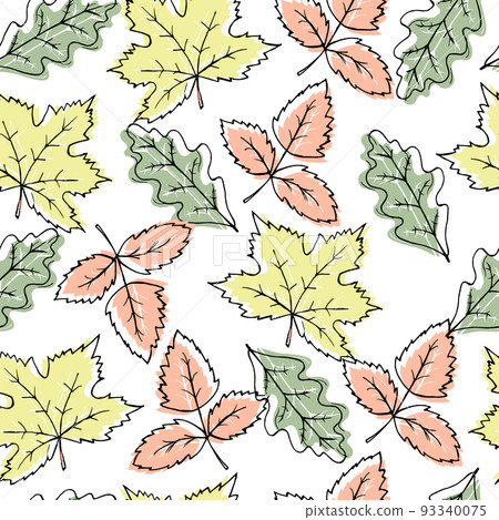 Seamless pattern, hand drawn autumn leaves in pastel colors on a white background. Print, textile, background, vector Seamless pattern, hand drawn autumn leaves in pastel colors on a white background. Print, textile, background, vector 93340075