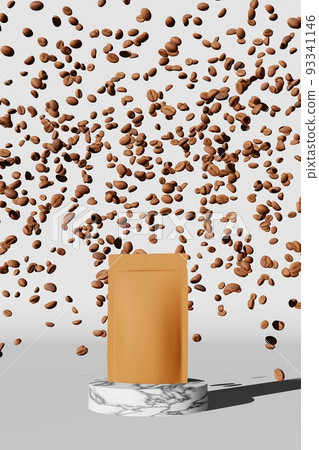 Paper pouch bag mockup falling coffee beans marble podium white background 3D render. Merchandise advertising packaging Paper pouch bag mockup falling coffee beans marble podium white background 3D render. Merchandise advertising packaging 93341146