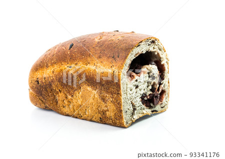 Traditional Mediterranean Strudel bread with inside black olives on white background Traditional Mediterranean Strudel bread with inside black olives on white background 93341176