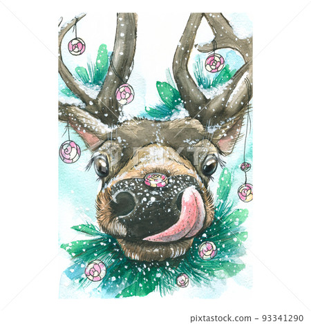 Cute deer with sweets, lollipops, in the snow with fir branches. Watercolor, winter illustration. For the design and decoration of postcards, posters, New Year and Christmas paraphernalia, packaging 93341290