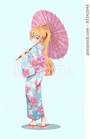 Anime manga girls in kimono holding paper umbrella 93342048