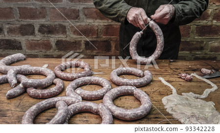 Handmade sausage preparation, Argentine tradition, Pampas, Patagonia Handmade sausage preparation, Argentine tradition, Pampas, Patagonia 93342228