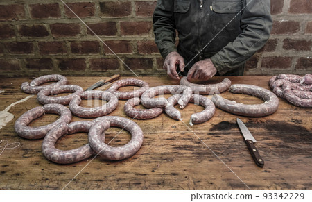 Handmade sausage preparation, Argentine tradition, Pampas, Patagonia 93342229