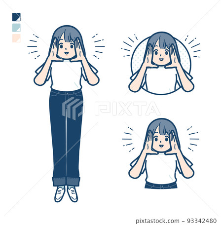 Illustration of a young woman wearing a T-shirt calling out loud 93342480
