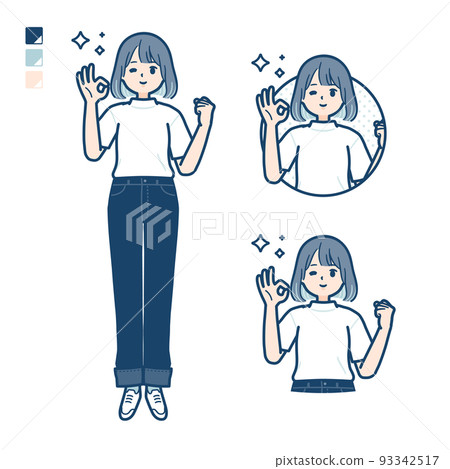 一名年輕女子穿著 T 卹打招呼的插圖 一名年輕女子穿著 T 卹打招呼的插圖 93342517