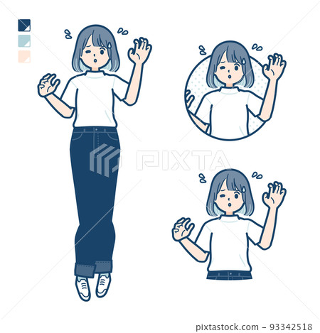 一個穿著 t 恤的年輕女子匆匆忙忙的插圖 一個穿著 t 恤的年輕女子匆匆忙忙的插圖 93342518