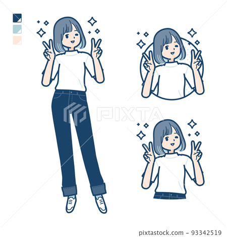 Illustration of a young woman wearing a T-shirt doing a peace sign Illustration of a young woman wearing a T-shirt doing a peace sign 93342519