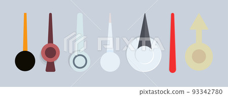 Arrows for clock, compass, measuring instrument. Meter equipment elements cartoon graphic. Vintage flat icon set. Vector isolated illustration. 93342780