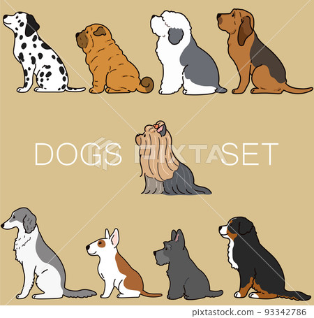 Illustration set F of a simple and cute dog sitting facing sideways with main lines 93342786